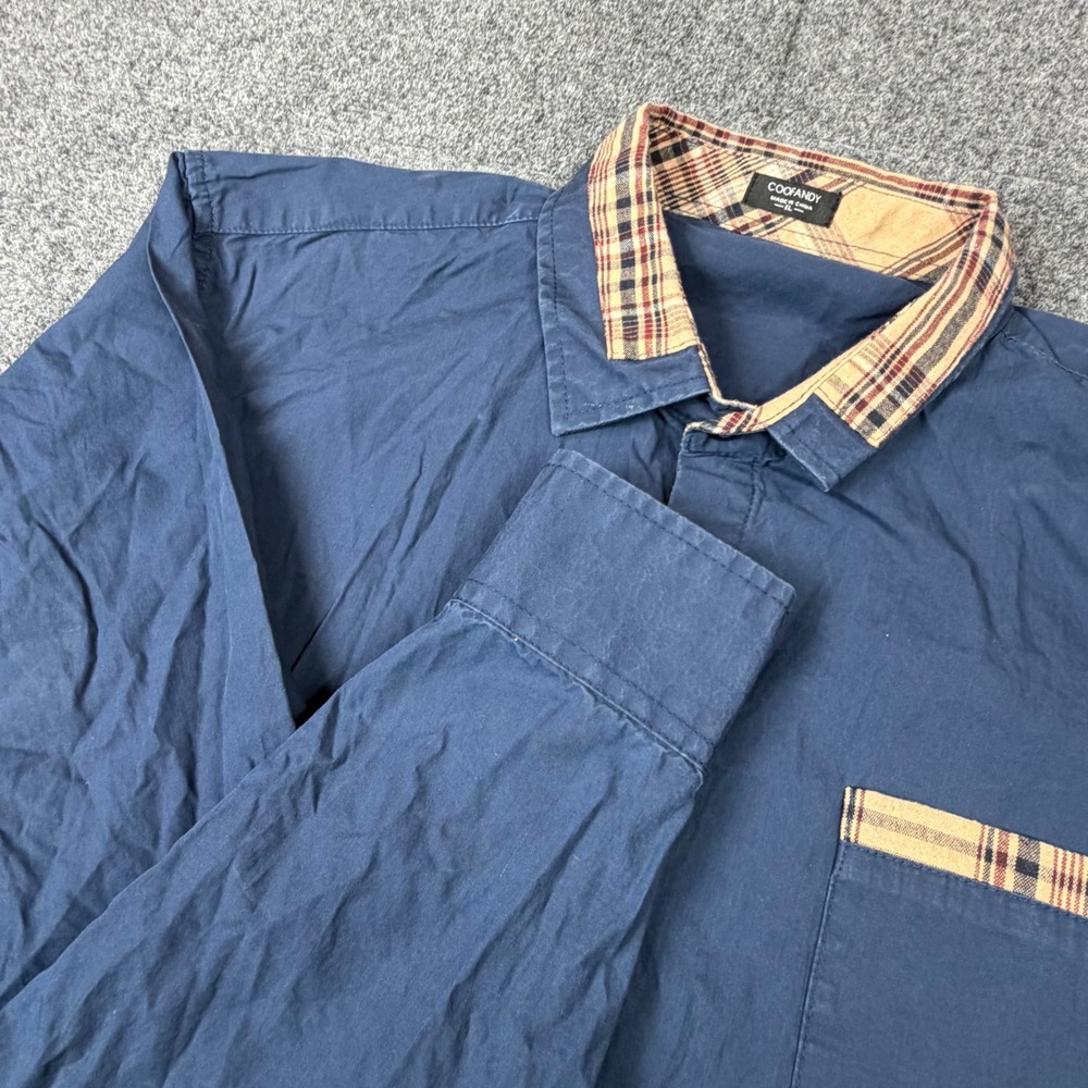 Coofandy‎ Mens XL Navy Blue Button Down Shirt Plaid Collar Accent Long Sleeve
